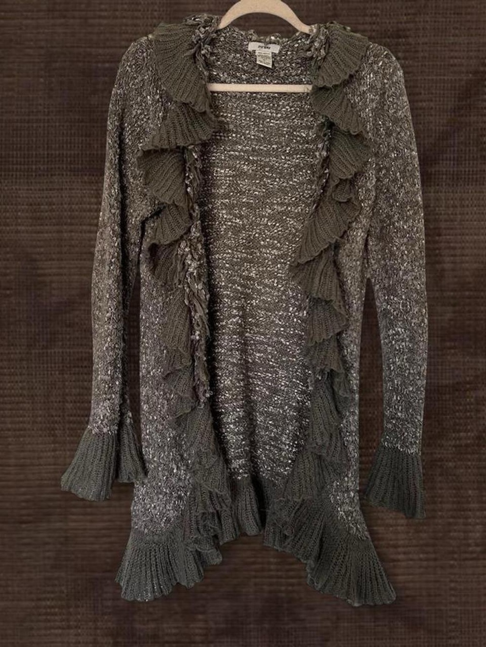 Ruffled Open-Front Knit Cardigan Sweater